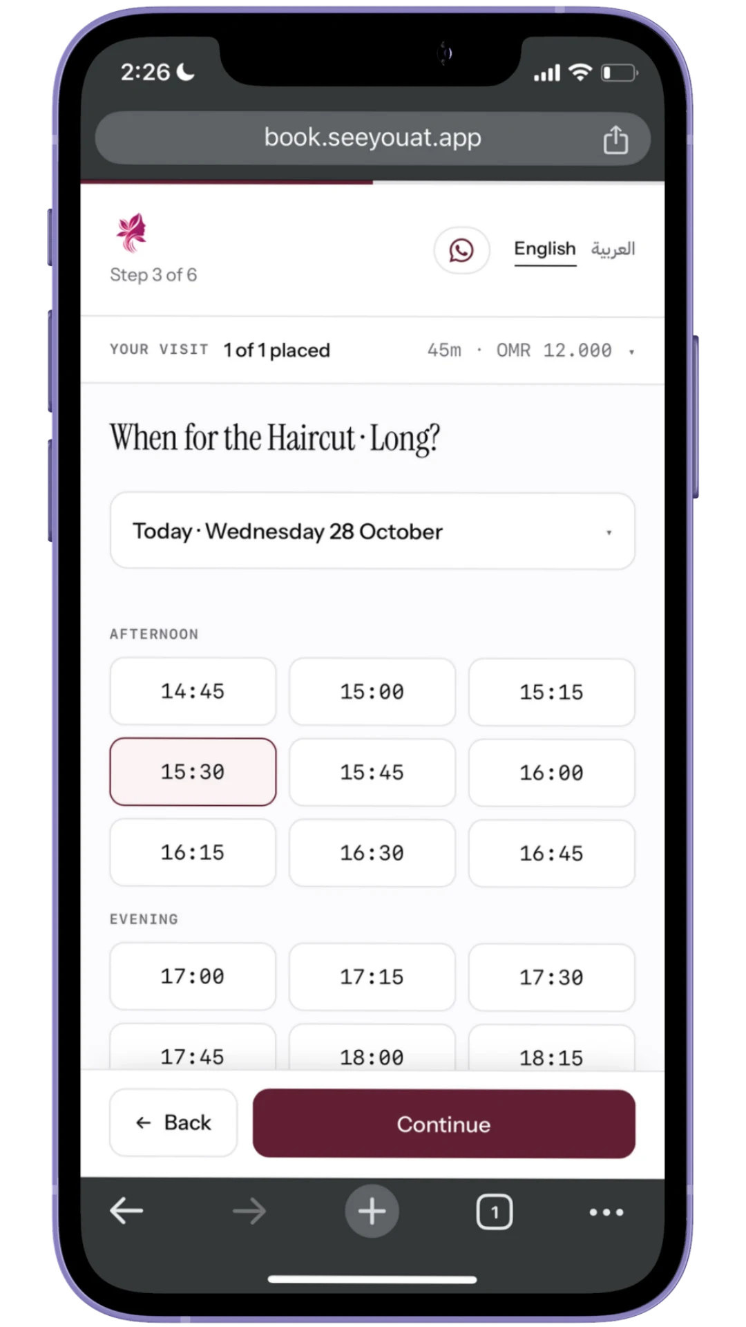 Booking page · Pick when