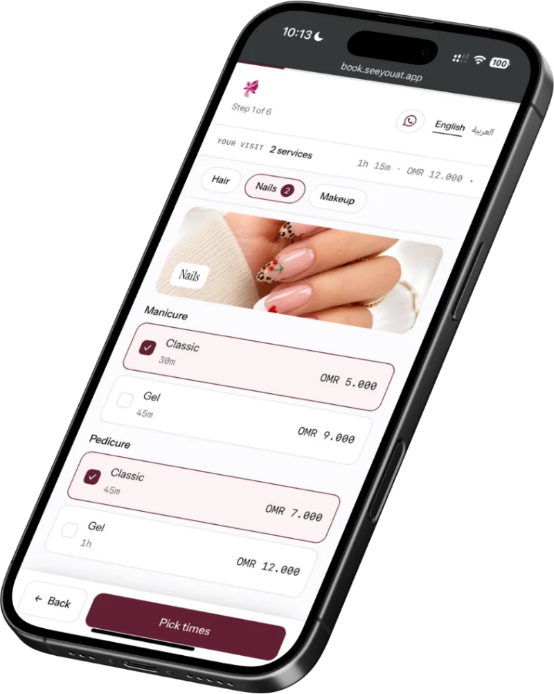 The booking page with a classic manicure and a classic pedicure chosen
