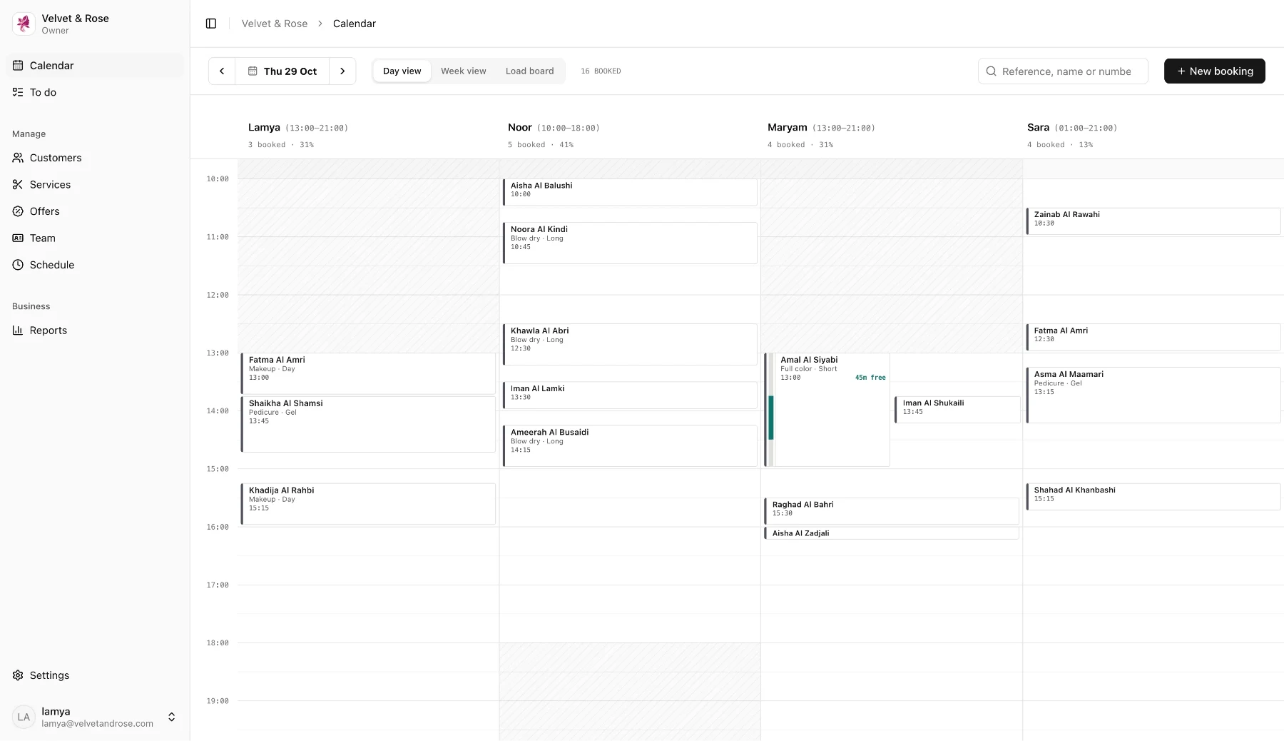 Dashboard · Calendar, day by stylist