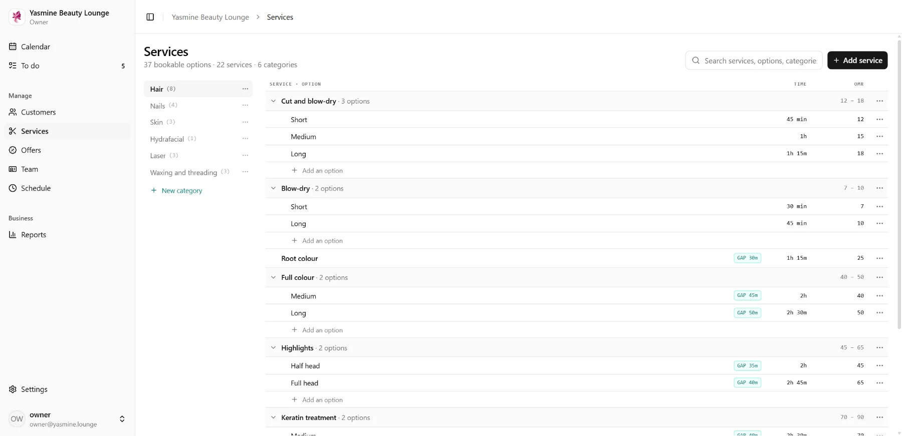 Dashboard · Services menu